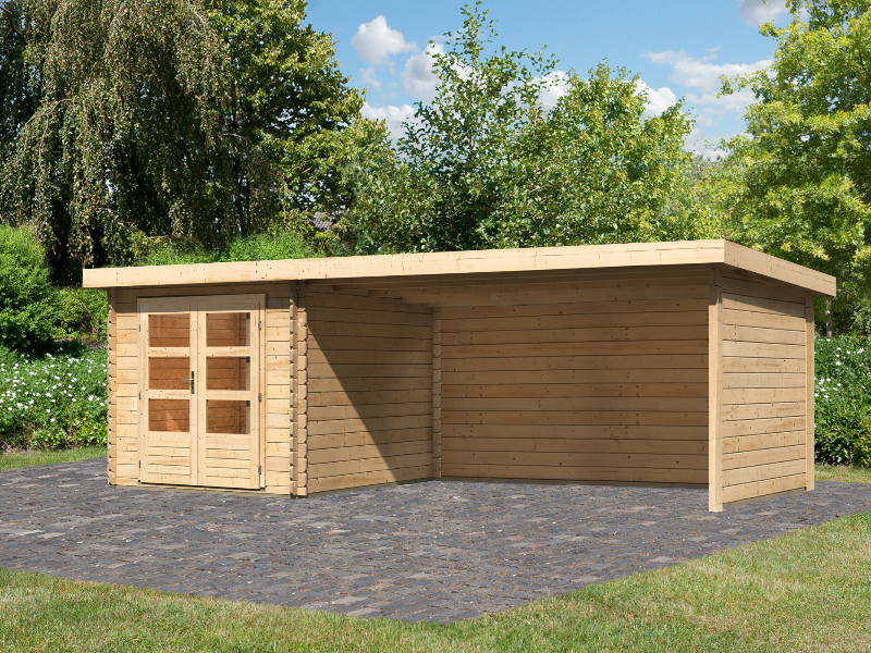 Karibu Gartenhaus Bastrup 4 mit Anbaudach 4 Meter inkl. Rück- und Seitenwand