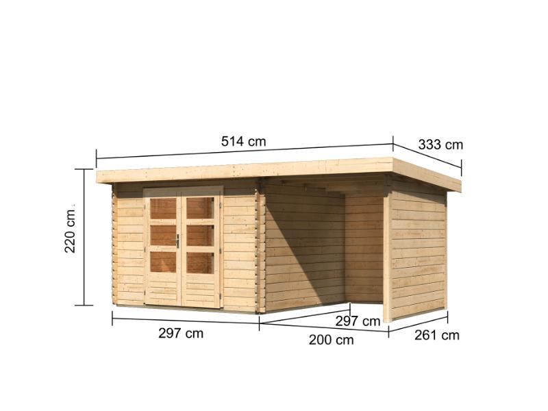 Karibu Gartenhaus Bastrup 5 mit Anbaudach 2 Meter sowie Seiten- und Rückwand natur