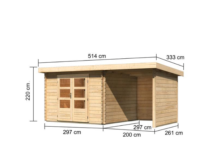 Karibu Gartenhaus Bastrup 5 mit Anbaudach 2 Meter sowie Seiten- und Rückwand natur