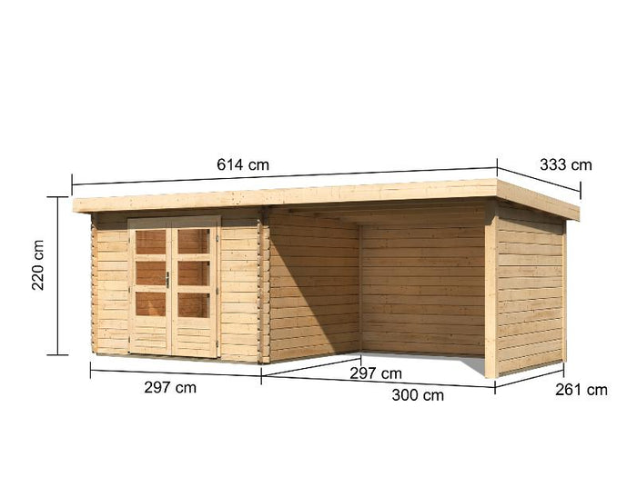 Karibu Gartenhaus Bastrup 5 mit Anbaudach 3 Meter sowie Seiten- und Rückwand