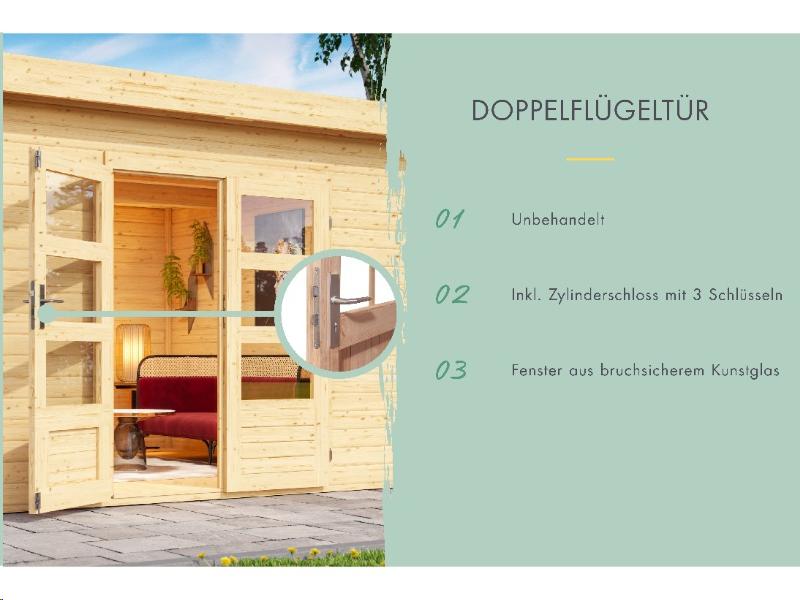 Karibu Gartenhaus Bastrup 5 mit Anbaudach 3 Meter sowie Seiten- und Rückwand