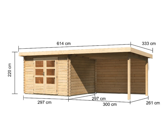 Karibu Gartenhaus Bastrup 5 mit Anbaudach 3 Meter inkl. Rückwand