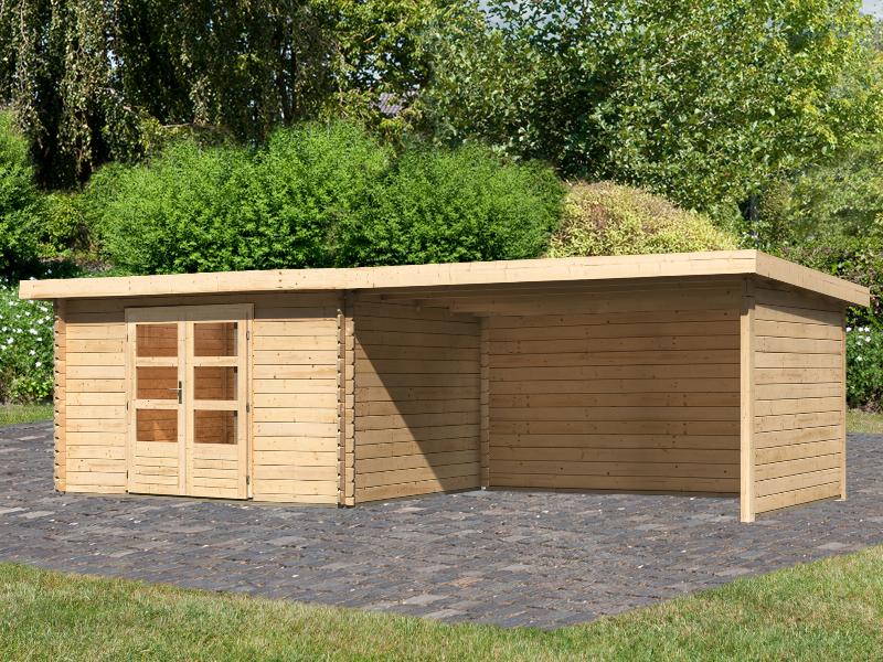 Karibu Gartenhaus Bastrup 7 mit Anbaudach 4 Meter inkl. Rück- und Seitenwand