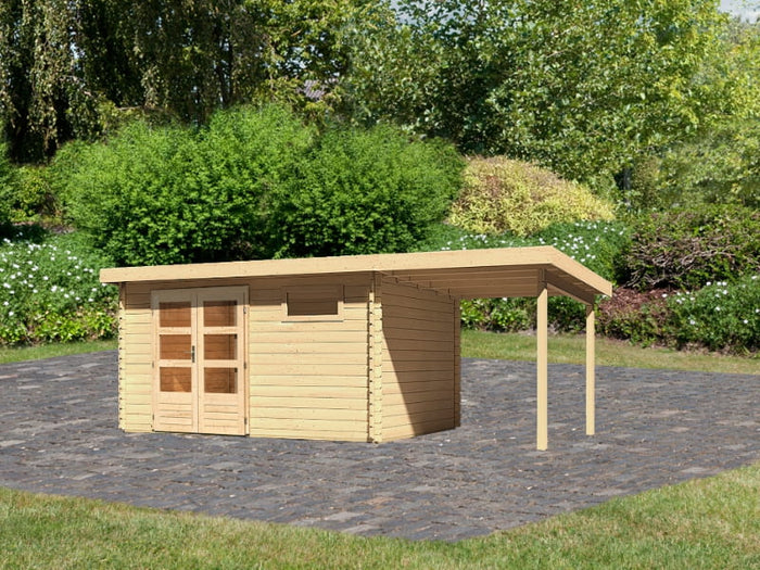 Karibu Gartenhaus Bastrup 8 mit Anbaudach 2 Meter naturbelassen