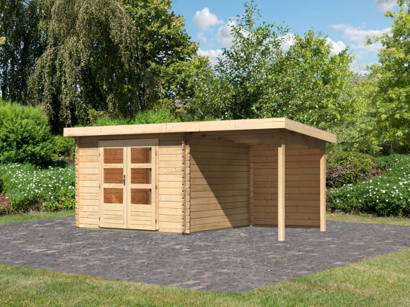 Karibu Gartenhaus Bastrup 8 mit Anbaudach 2 Meter inkl. Rückwand