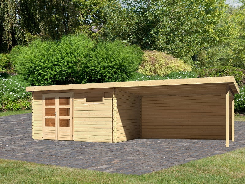 Karibu Gartenhaus Bastrup 8 mit Anbaudach 4 Meter inkl. Rückwand