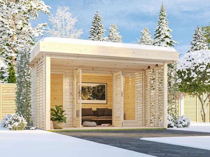 Karibu Gartenhaus Chione, natur 38 mm, inkl. überdachter Terrasse