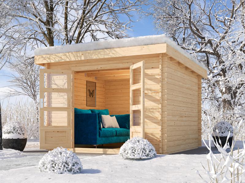 Karibu Gartenhaus Flora 5 natur,inkl. selbstklebende Dachbahn, Vlies und Wurzelschutzfolie (für Dach