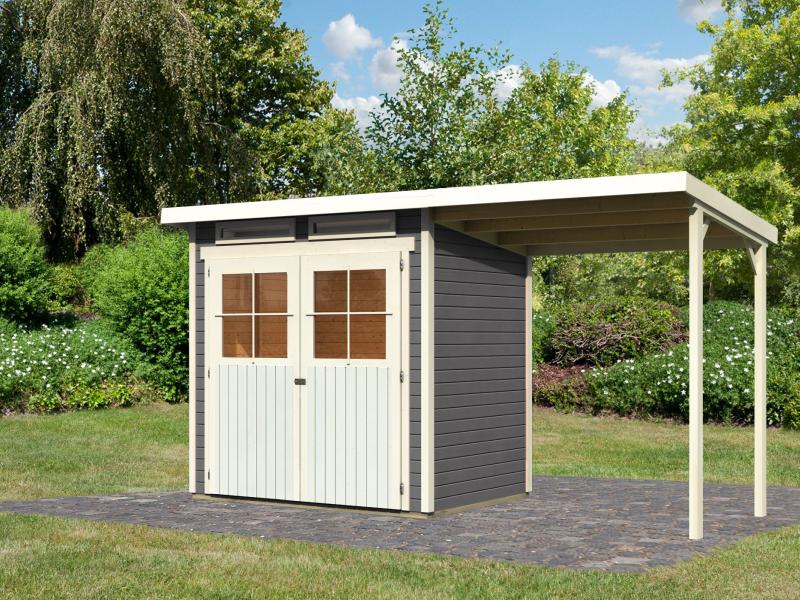 Karibu Gartenhaus Glücksburg 2 in terragrau inkl. Anbaudach