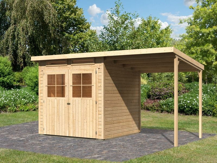 Karibu Gartenhaus Glücksburg 3 natur mit Anbaudach 1,90 Meter