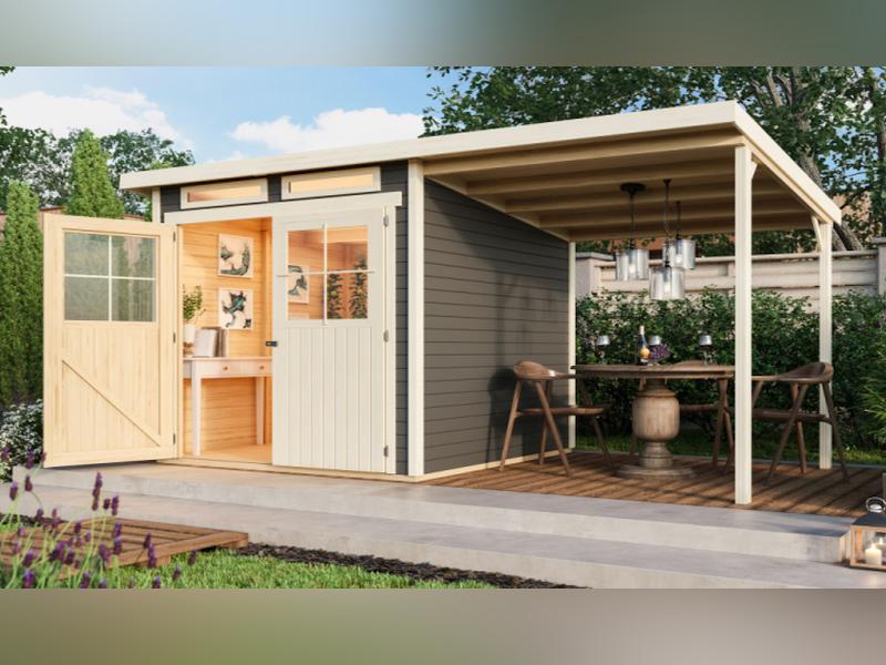 Karibu Gartenhaus Glücksburg 3 terragrau Sparset mit Schleppdach 19 mm