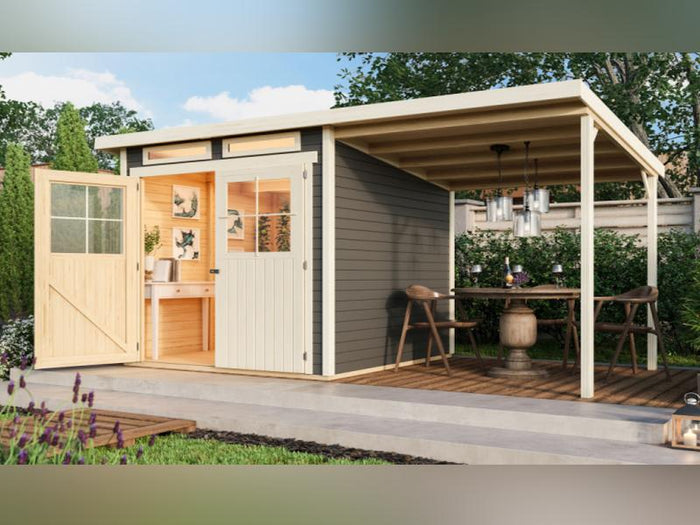 Karibu Gartenhaus Glücksburg 3 terragrau Sparset mit Schleppdach 19 mm