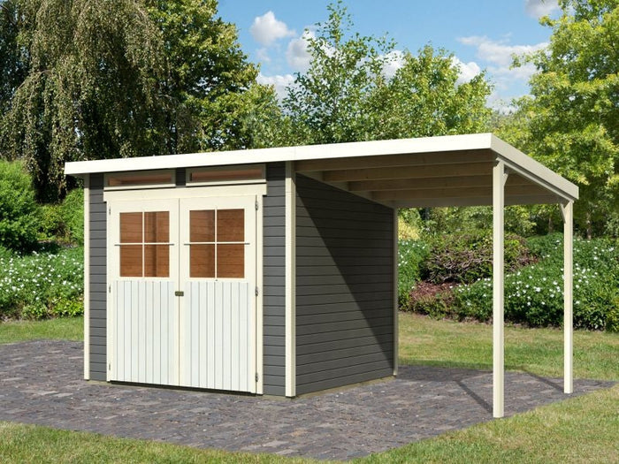 Karibu Gartenhaus Glücksburg 4 in terragrau mit Anbaudach 1,90 Meter