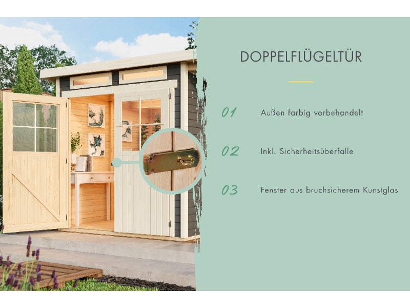 Karibu Gartenhaus Glücksburg 4 in terragrau mit Anbaudach 1,90 Meter