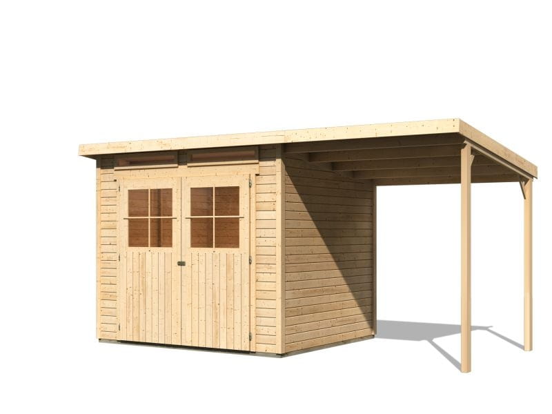 Karibu Gartenhaus Glücksburg 4 natur mit Anbaudach 1,90 Meter