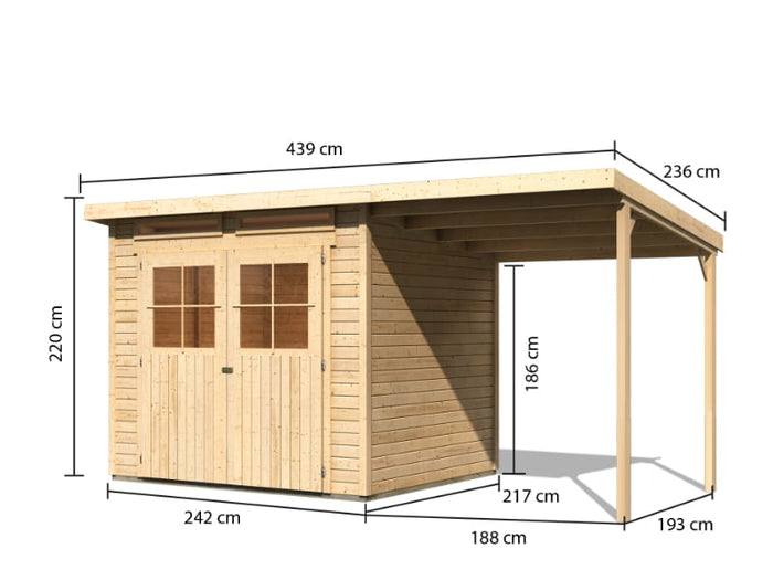 Karibu Gartenhaus Glücksburg 4 natur mit Anbaudach 1,90 Meter
