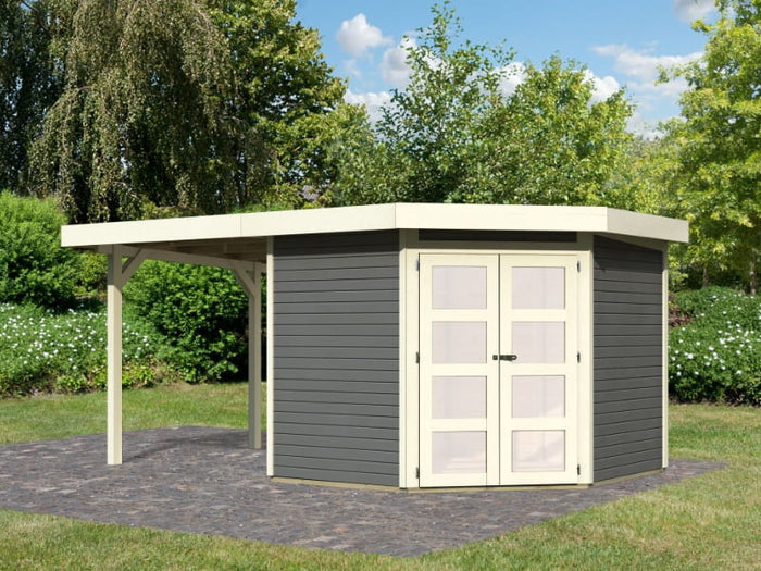 Karibu Gartenhaus Goldendorf 5 terragrau 19 mm mit Anbaudach 2,20 m