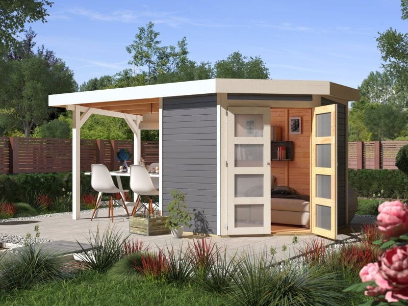Karibu Gartenhaus Goldendorf 5 terragrau 19 mm mit Anbaudach 2,20 m