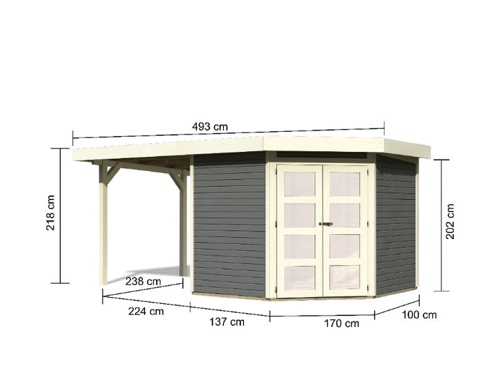 Karibu Gartenhaus Goldendorf 5 terragrau 19 mm mit Anbaudach 2,20 m