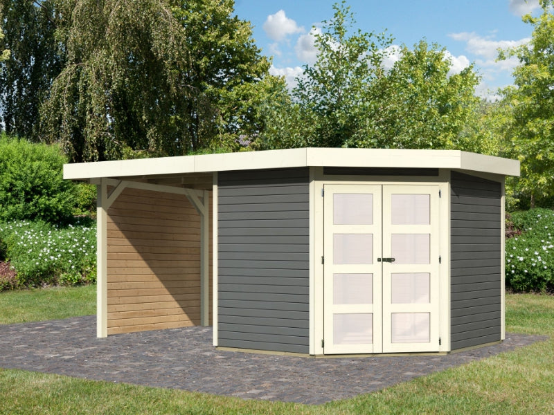 Karibu Gartenhaus Goldendorf 5 terragrau 19 mm mit Anbaudach 2,20 m, Seiten- und Rückwand