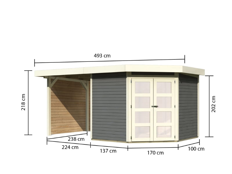 Karibu Gartenhaus Goldendorf 5 terragrau 19 mm mit Anbaudach 2,20 m, Seiten- und Rückwand