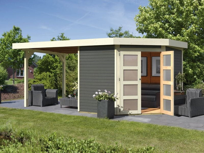 Karibu Gartenhaus Goldendorf 5 terragrau 19 mm mit Anbaudach 2,20 m, Seiten- und Rückwand