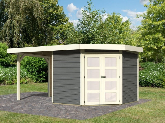 Karibu Gartenhaus Goldendorf 5 terragrau 19 mm mit Anbaudach 2,40 m und Rückwand