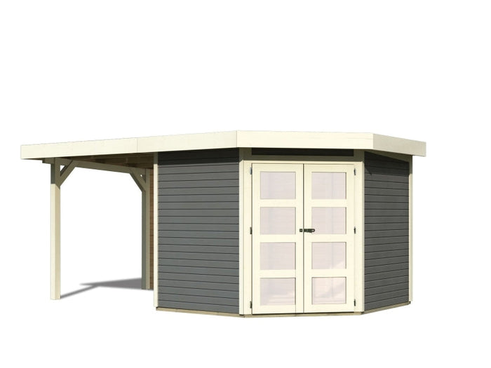 Karibu Gartenhaus Goldendorf 5 terragrau 19 mm mit Anbaudach 2,40 m und Rückwand