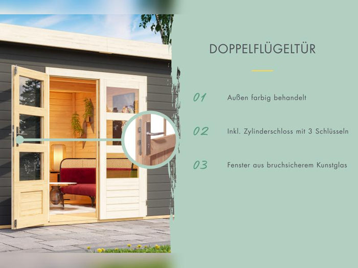 Karibu Gartenhaus Kandern 1 mit Anbaudach 2,35 m, terragrau