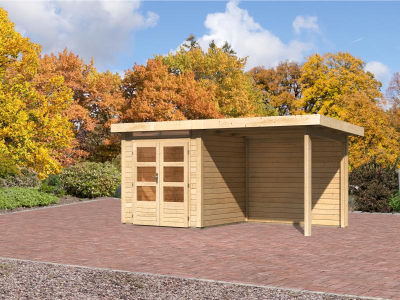 Karibu Gartenhaus Kandern 1 natur mit Anbaudach 2,35 m inkl. Rückwand