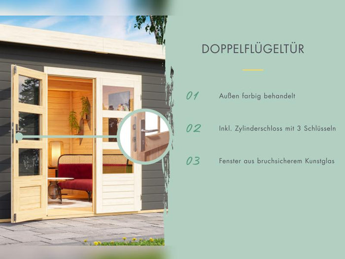 Karibu Gartenhaus Kandern 1 terragrau mit Anbaudach 2,35 m inkl. Rückwand