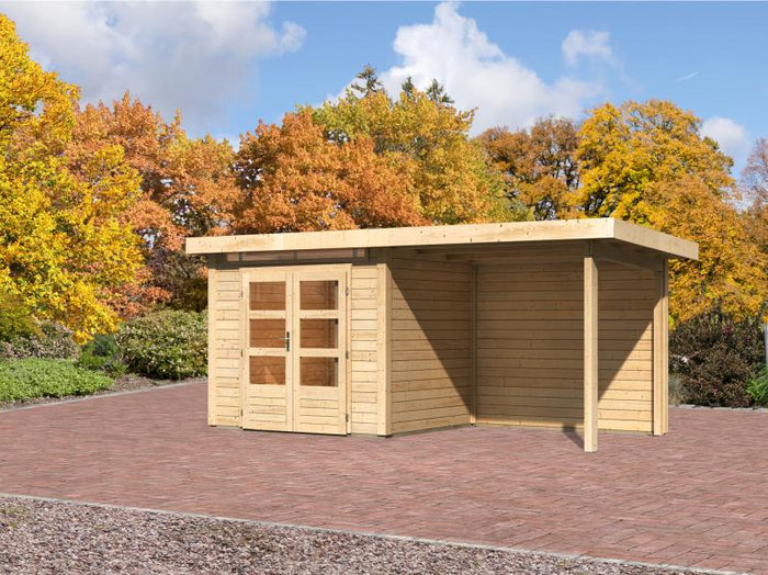 Karibu Gartenhaus Kandern 2 natur mit Anbaudach 2,35 m inkl. Rückwand