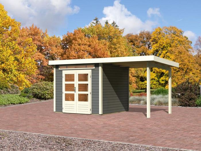 Karibu Gartenhaus Kandern 3 terragrau mit Anbaudach 2,35 m inkl. Rückwand