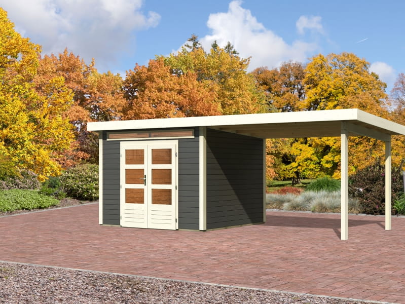 Karibu Gartenhaus Kandern 6 in terragrau mit Anbaudach 3,2 Meter