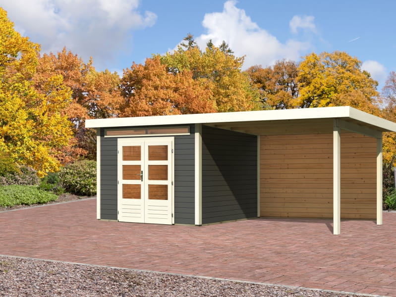 Karibu Gartenhaus Kandern 6 in terragrau mit Anbaudach 3,2 Meter inkl. Rückwand