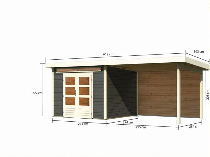 Karibu Gartenhaus Kandern 6 in terragrau mit Anbaudach 3,2 Meter inkl. Rückwand