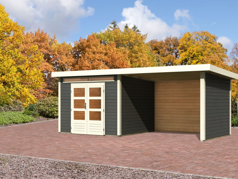 Karibu Gartenhaus Kandern 6 in terragrau mit Anbaudach 3,2 Meter inkl. Rück- und Seitenwand