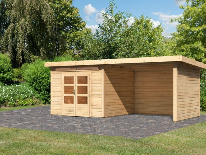 Karibu Gartenhaus Kandern 6 mit Anbaudach 2,95 Meter inklusive Rück-und Seitenwand