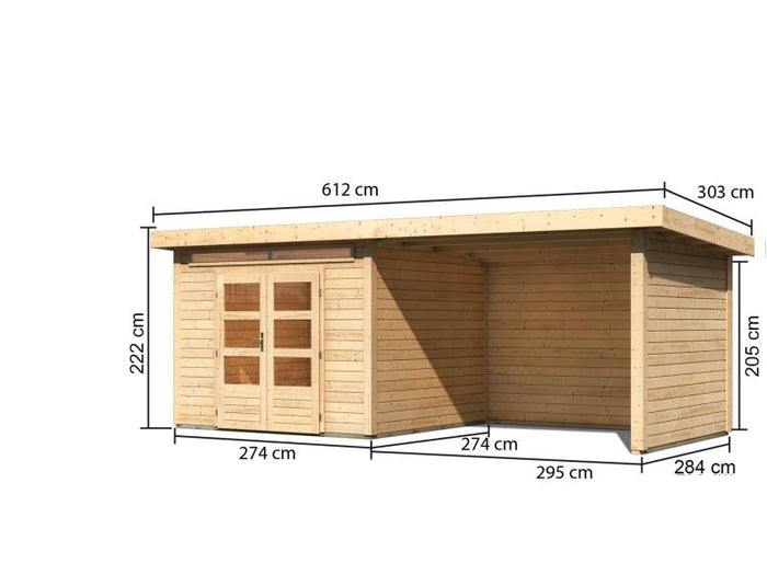 Karibu Gartenhaus Kandern 6 mit Anbaudach 2,95 Meter inklusive Rück-und Seitenwand