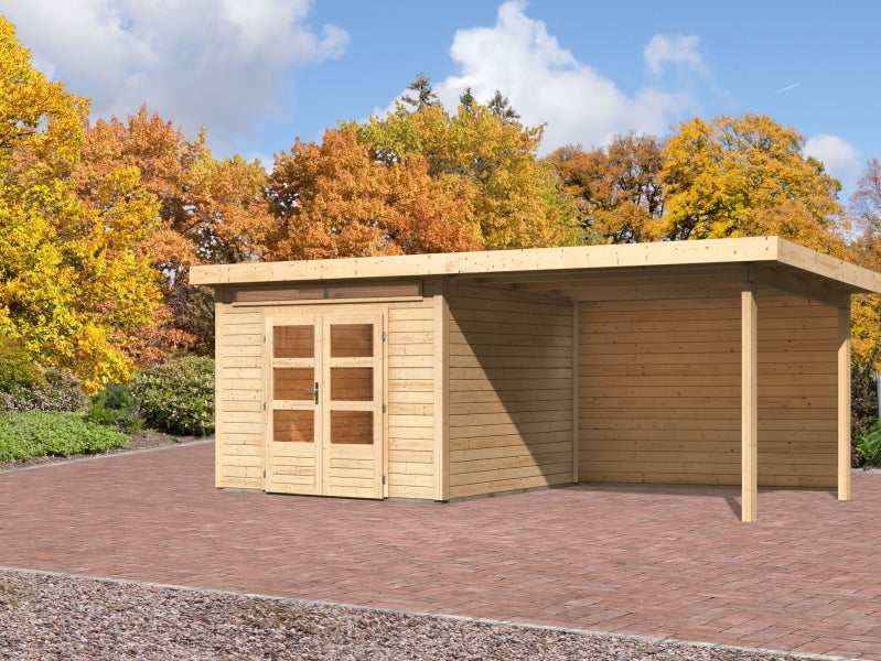 Karibu Gartenhaus Kandern 6 mit Anbaudach 3,2 Meter inkl. Rückwand