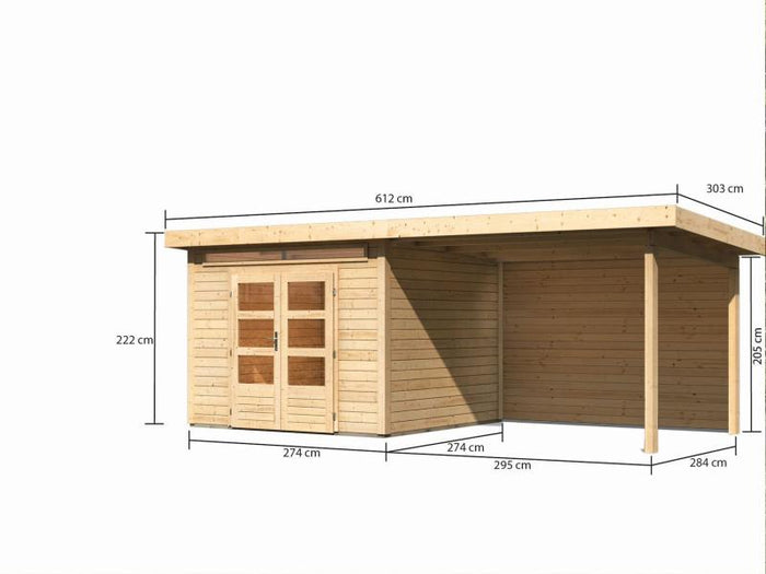 Karibu Gartenhaus Kandern 6 mit Anbaudach 3,2 Meter inkl. Rückwand
