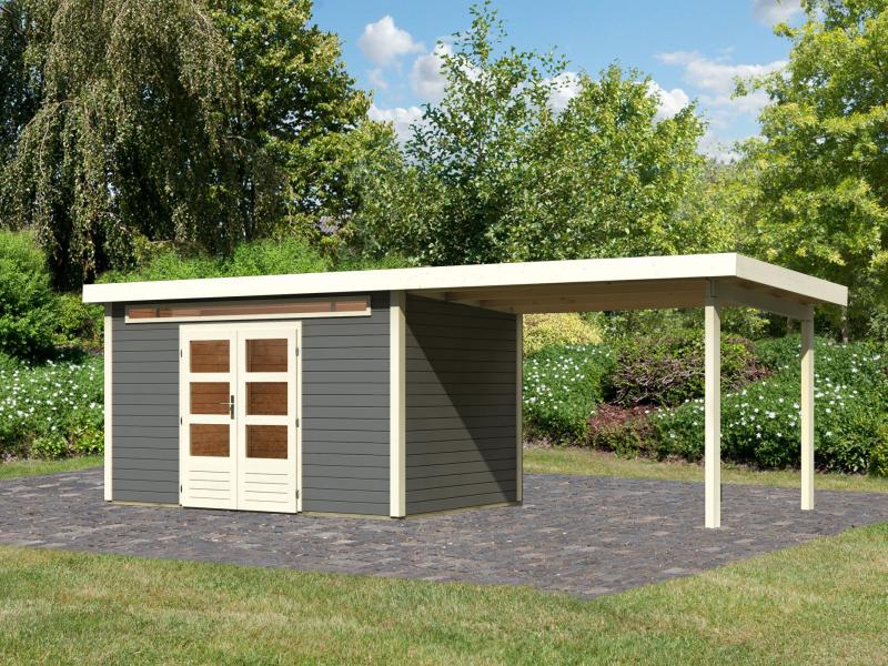 Karibu Gartenhaus Kandern 7 in terragrau mit Anbaudach 3,20 Meter