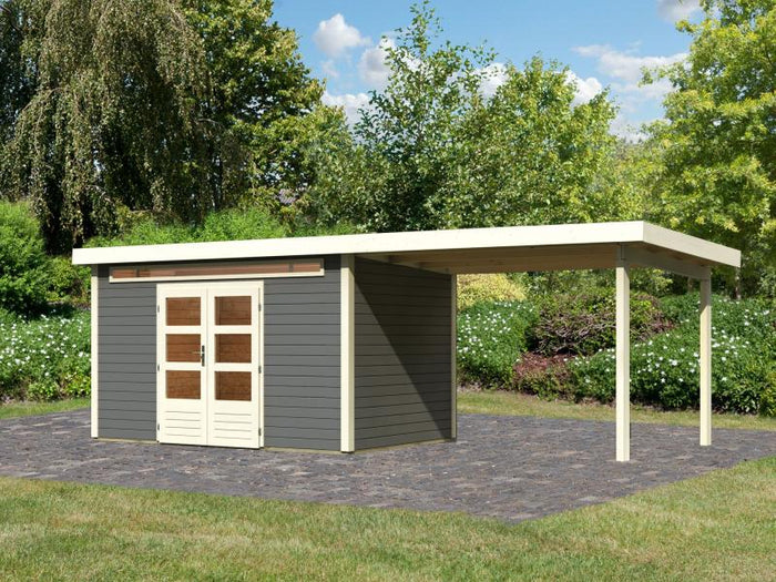 Karibu Gartenhaus Kandern 7 in terragrau mit Anbaudach 3,20 Meter