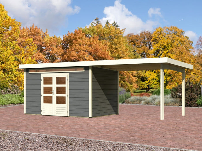 Karibu Gartenhaus Kandern 7 in terragrau mit Anbaudach 3,20 Meter