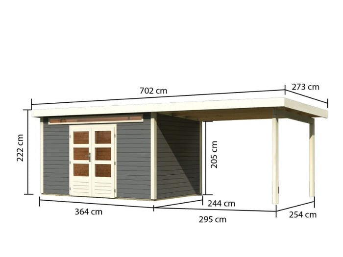 Karibu Gartenhaus Kandern 7 in terragrau mit Anbaudach 3,20 Meter