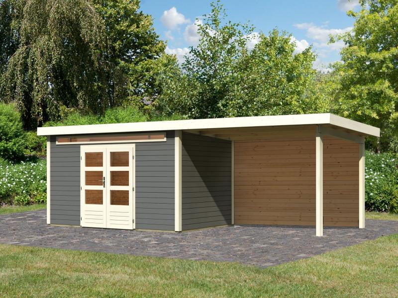 Karibu Gartenhaus Kandern 7 in terragrau mit Anbaudach 3,20 Meter inkl. Rückwand