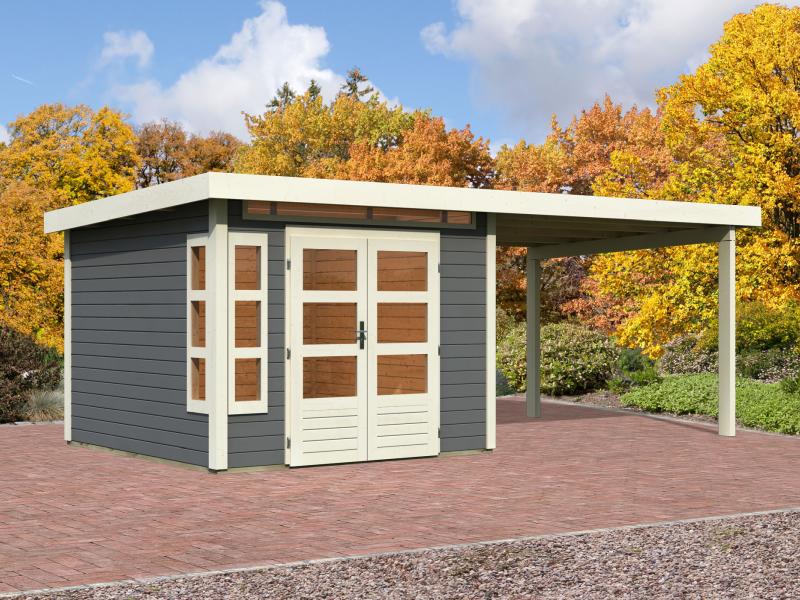 Karibu Gartenhaus Kastorf 6 - 28 mm terragrau mit Anbaudach 3,2 m