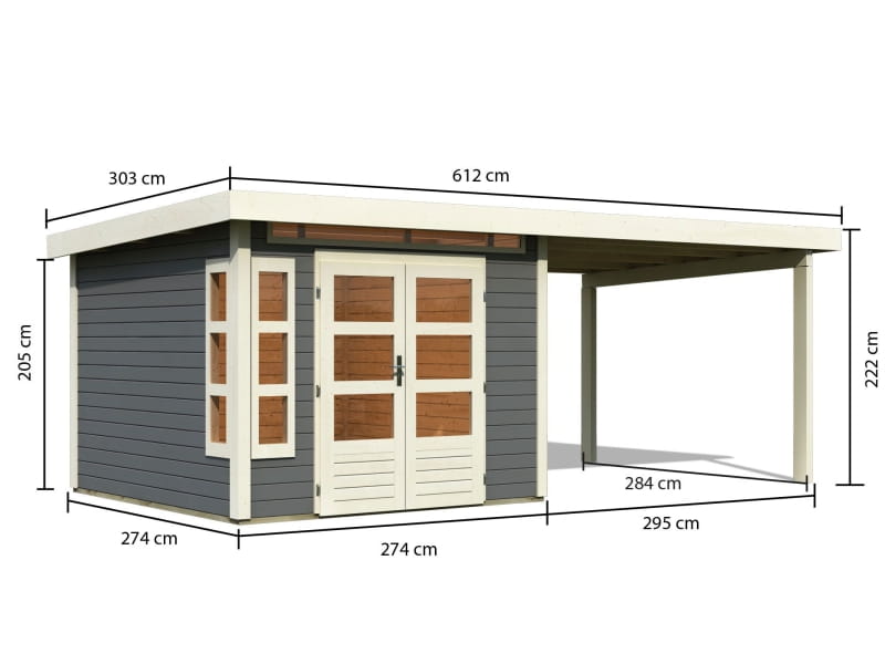 Karibu Gartenhaus Kastorf 6 - 28 mm terragrau mit Anbaudach 3,2 m