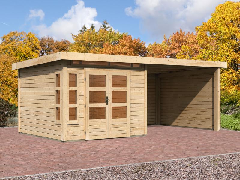 Karibu Gartenhaus Kastorf 6 - natur mit Anbaudach 3,2 m und 28 mm Seiten- und Rückwand