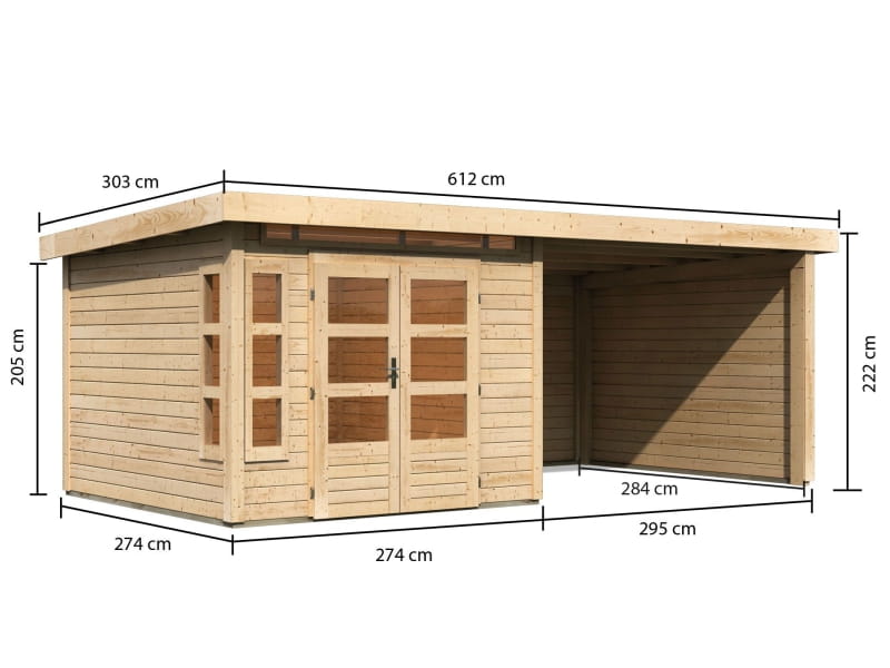Karibu Gartenhaus Kastorf 6 - natur mit Anbaudach 3,2 m und 28 mm Seiten- und Rückwand